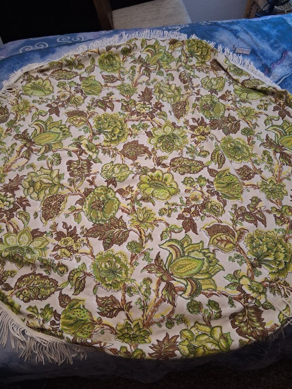 Vintage Boho Fringe Tablecloth Round 54" Table Retro MCM Floral green brown
